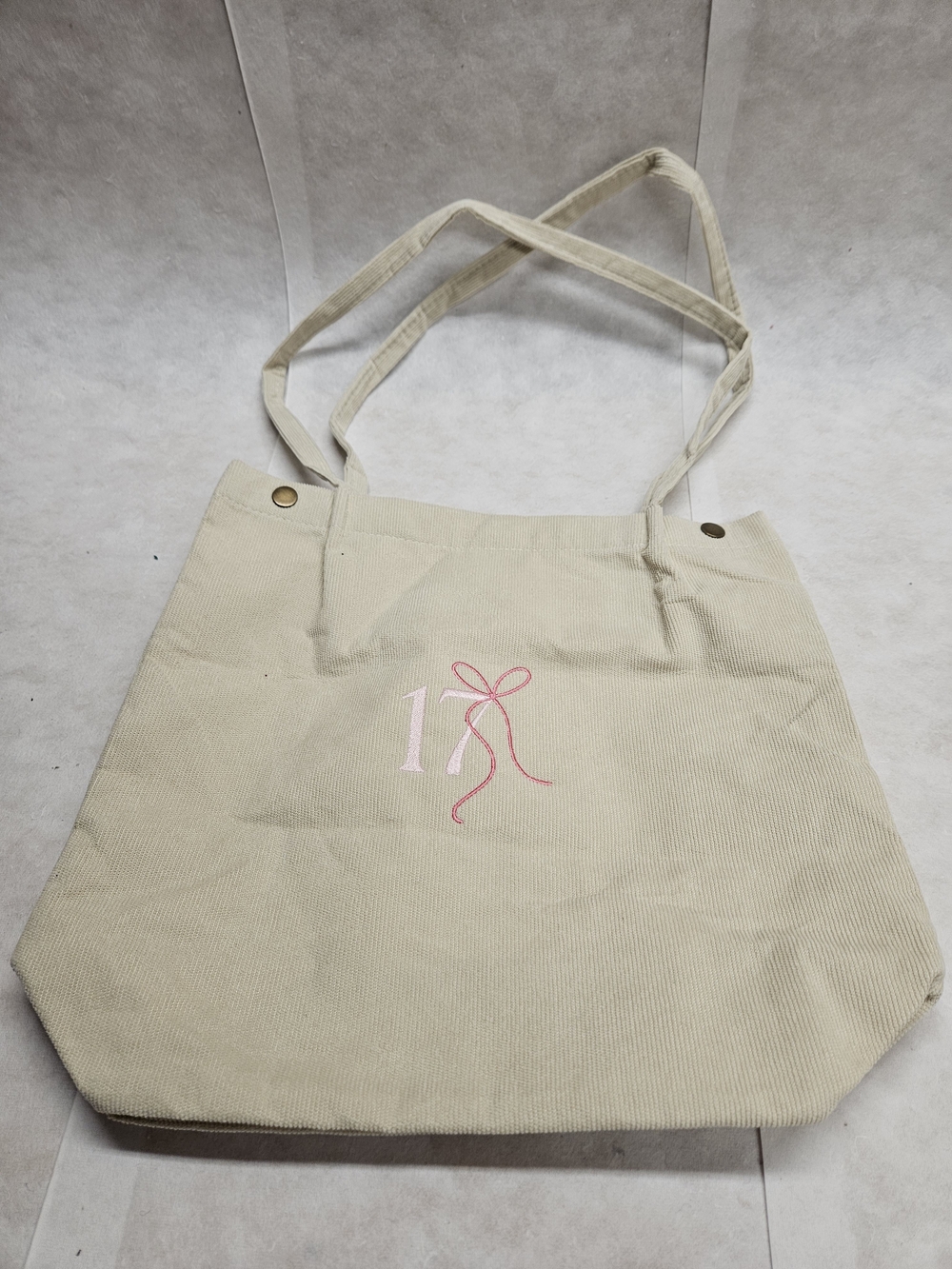 Beige Canvas Tote with Pink Ribbon Embroidery